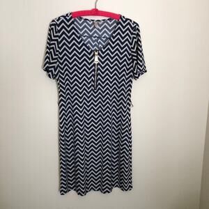 Tacera Navy Chevron Gold Zip Dress Small
